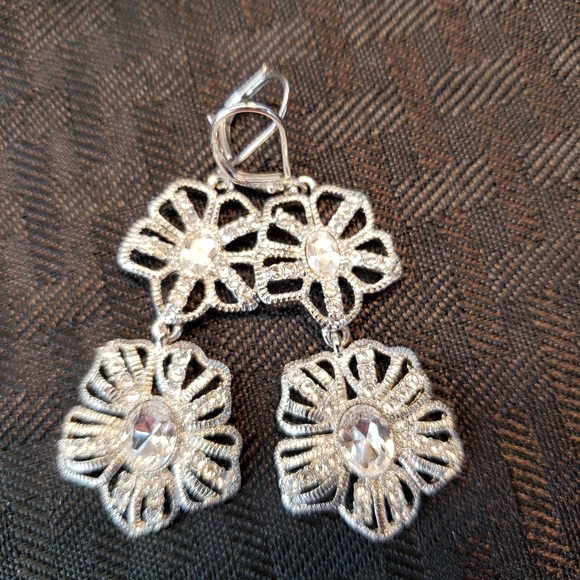 Vintage Givenchy Rhinestone Cut Out Flowers Dangle Earrings - Picture 2 of 12
